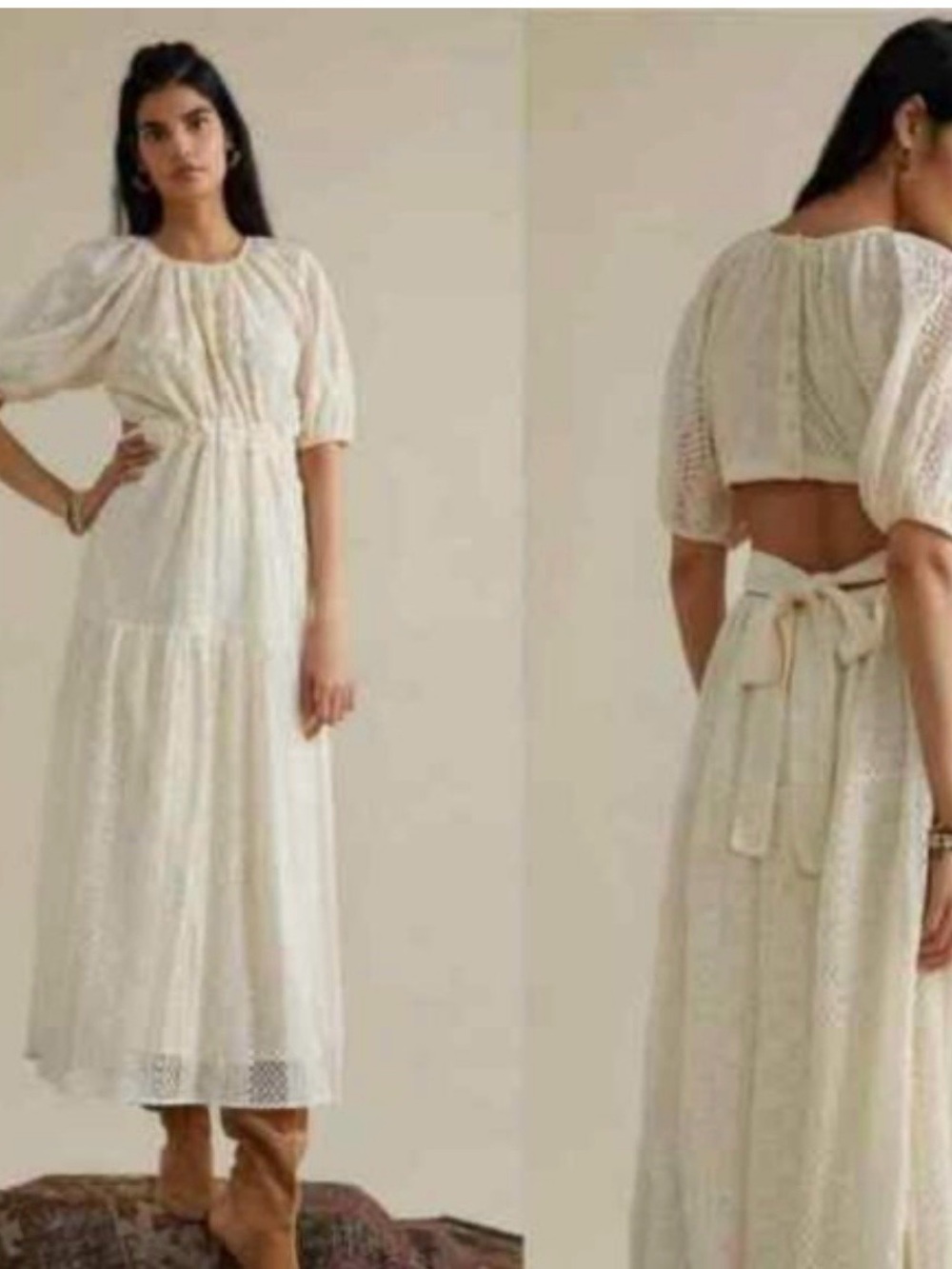 Anthropoligie  verb Boho Cream Embroidered Maxi Dress with Puff Sleeves